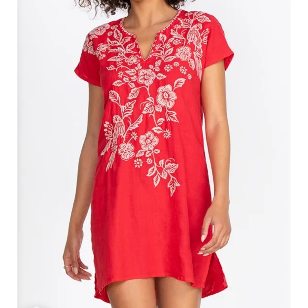 Johnny Was Abigail Easy Tunic Dress‎ Womens XL Red Linen Embroidered Boho